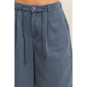 Drawstring Waist Wide Leg Jorts, Blue