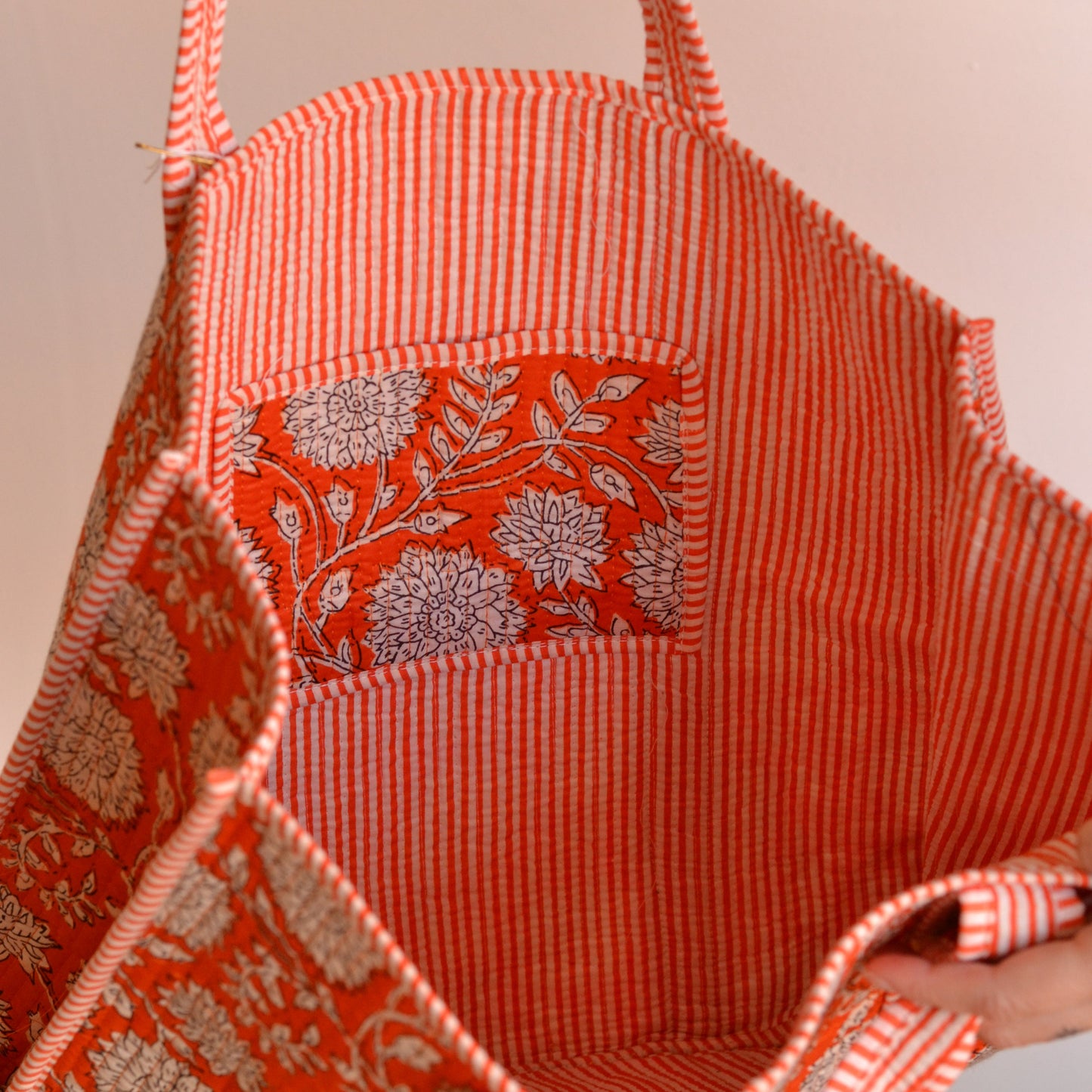 Gypsy Studio | Quilted Cotton Block Printed Tote Bag, Orange