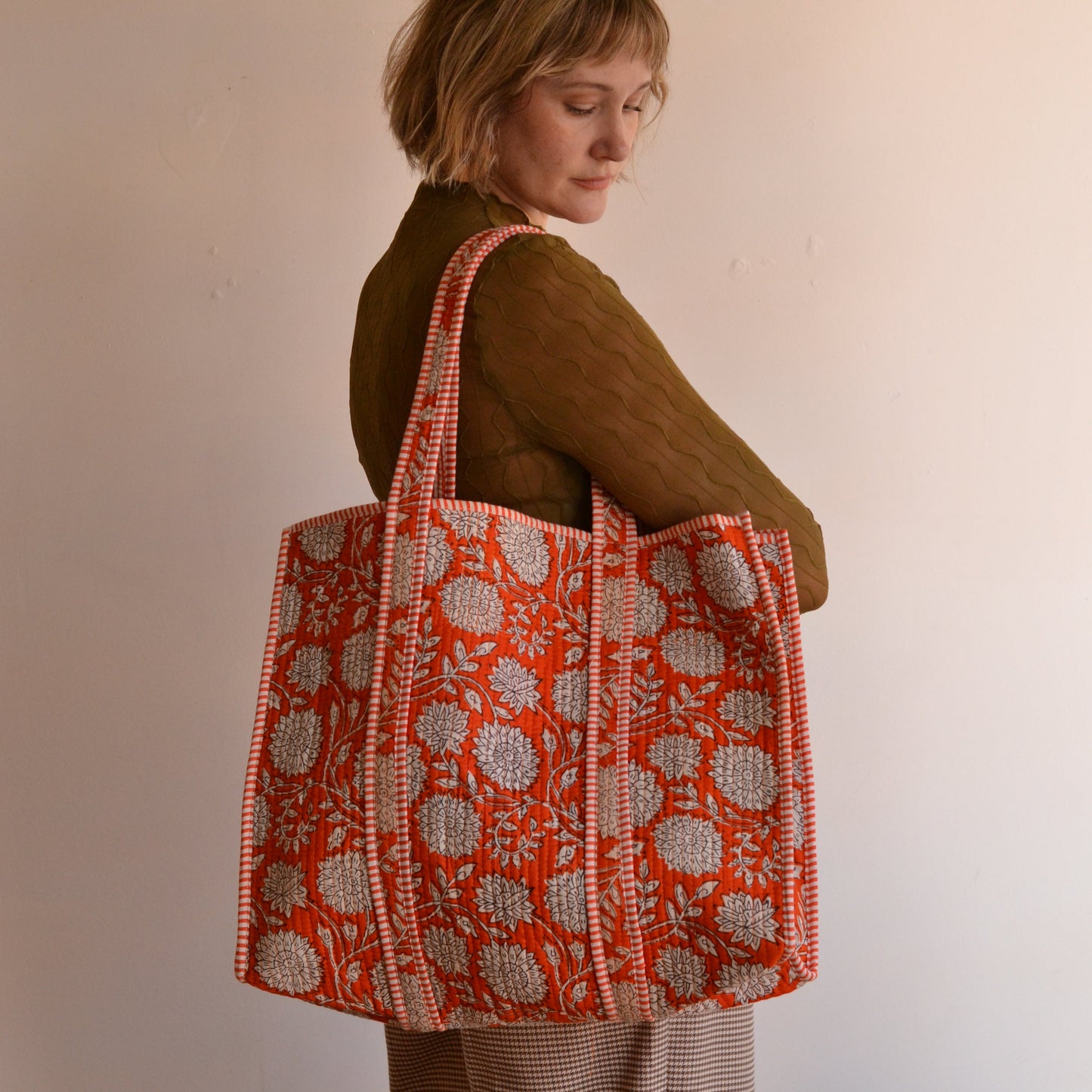 Gypsy Studio | Quilted Cotton Block Printed Tote Bag, Orange