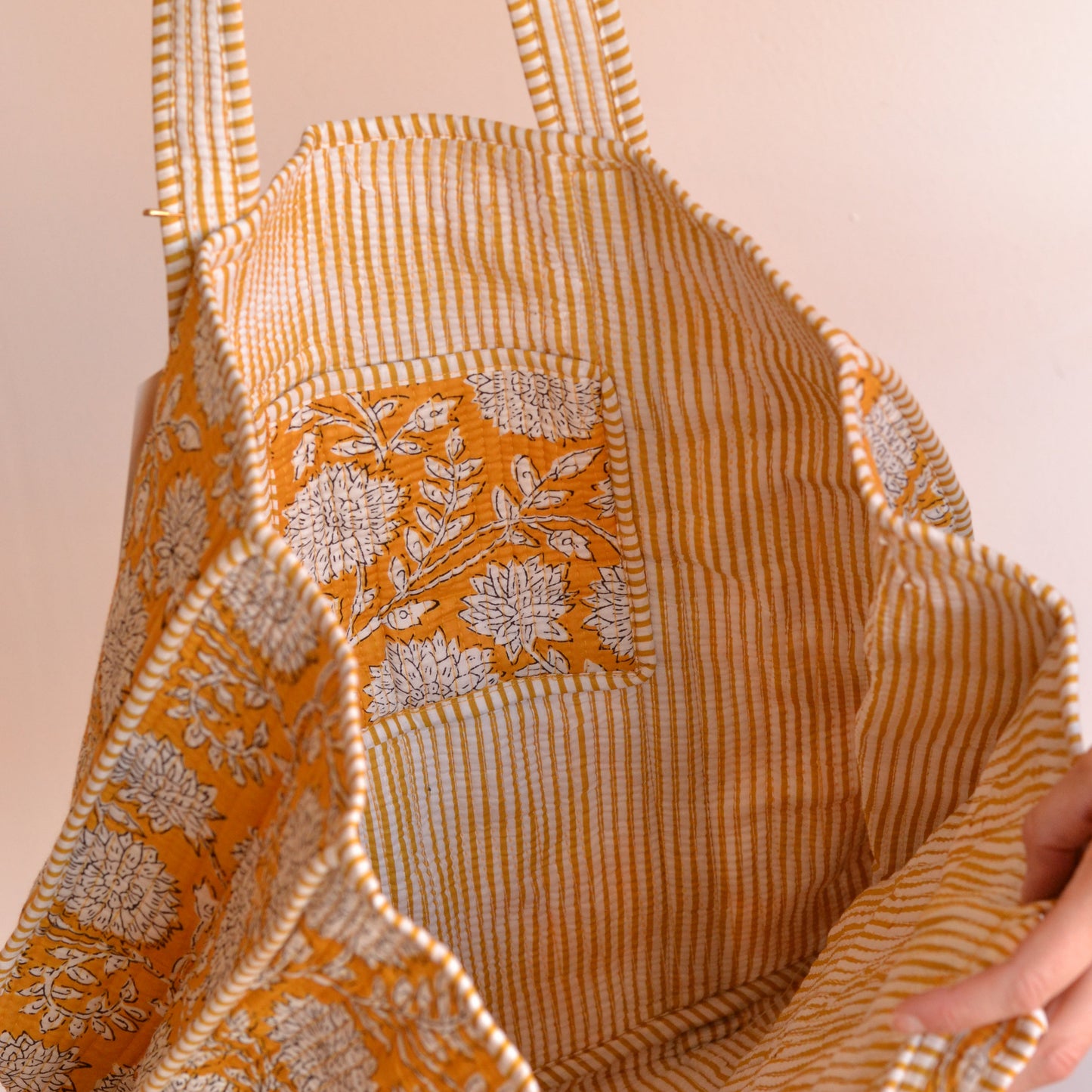 Gypsy Studio | Quilted Cotton Block Printed Tote Bag, Gold