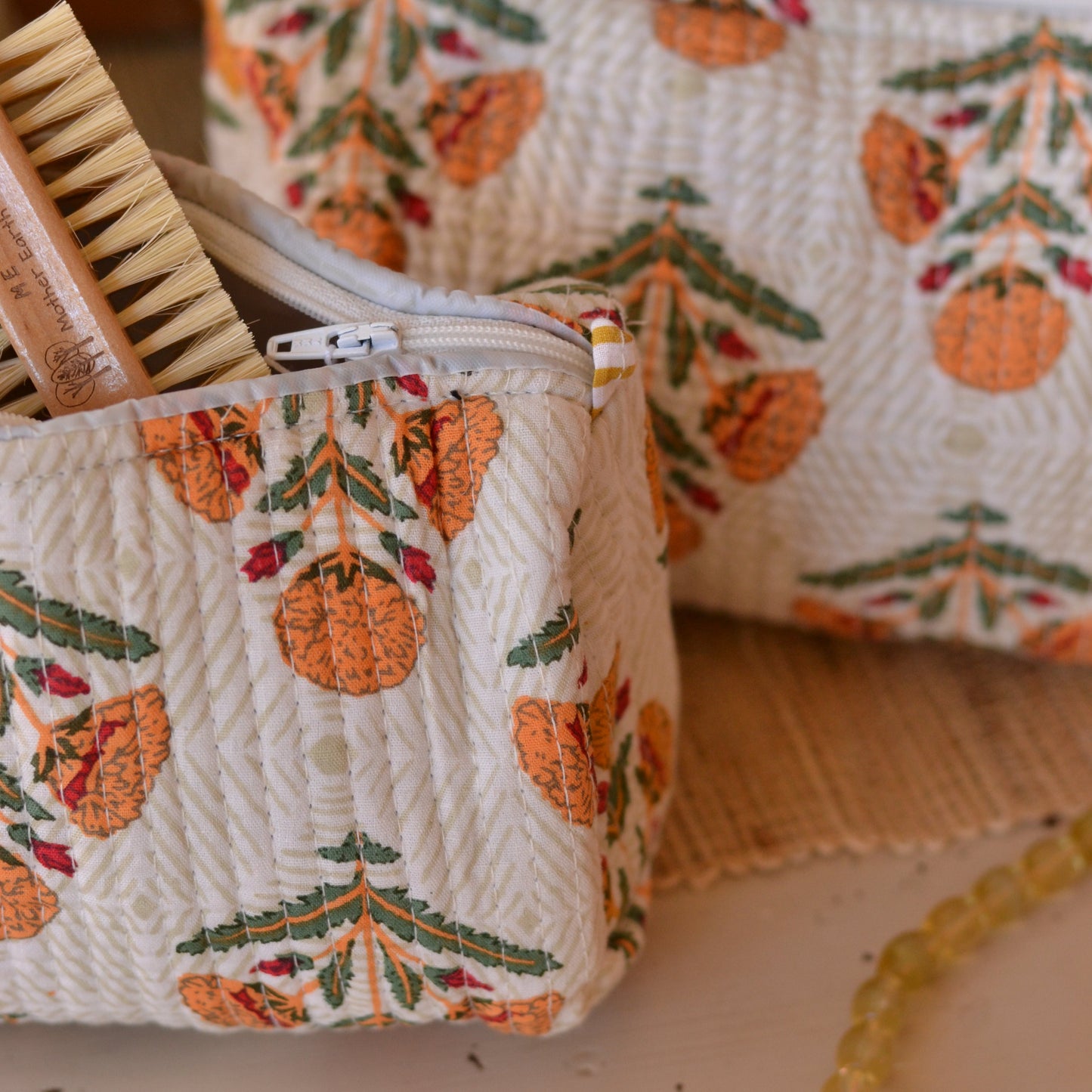 Gypsy Studio | Quilted Cotton Block Printed Cosmetic Bag, White with Peach Flowers