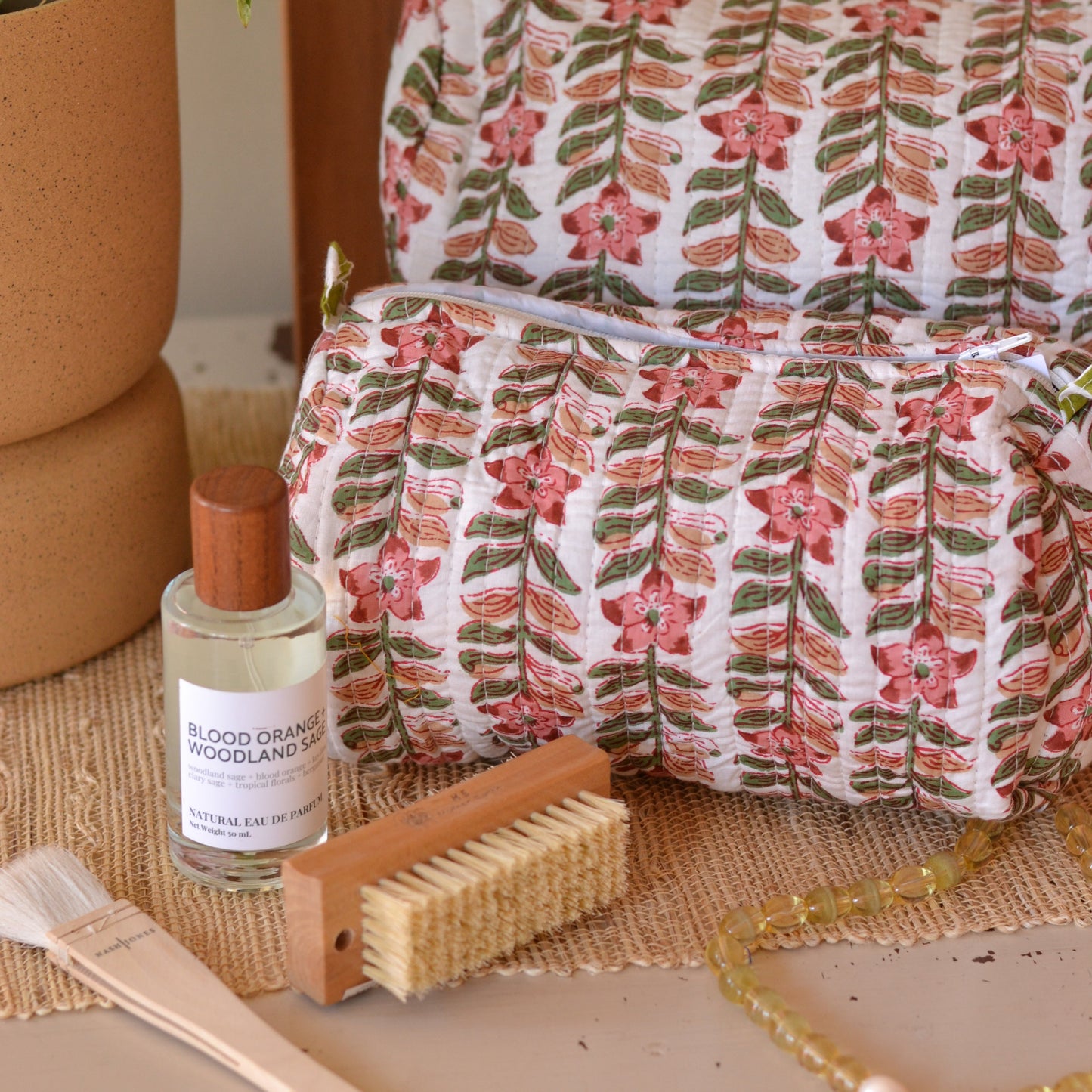 Gypsy Studio | Quilted Cotton Block Printed Cosmetic Bag, White with Pink Flowers