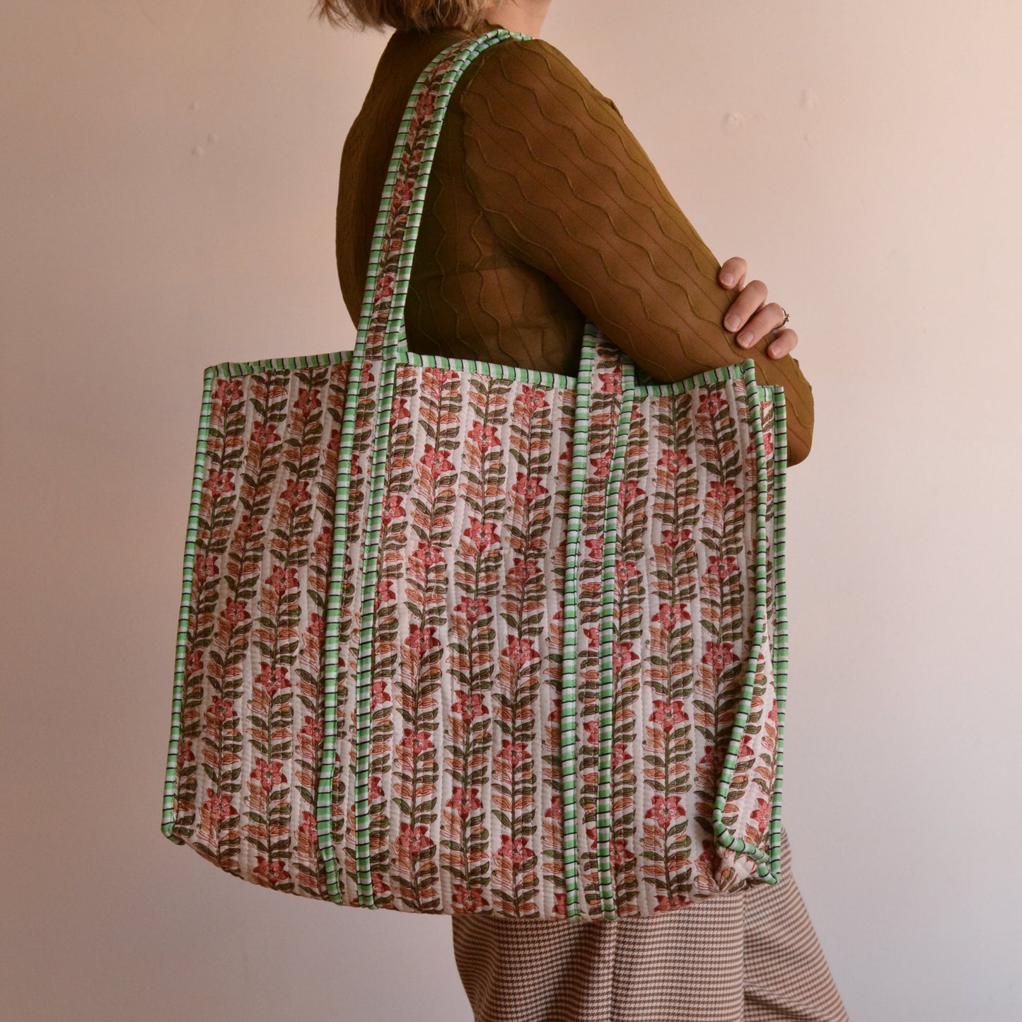 Gypsy Studio | Quilted Cotton Block Printed Tote Bag, Pink