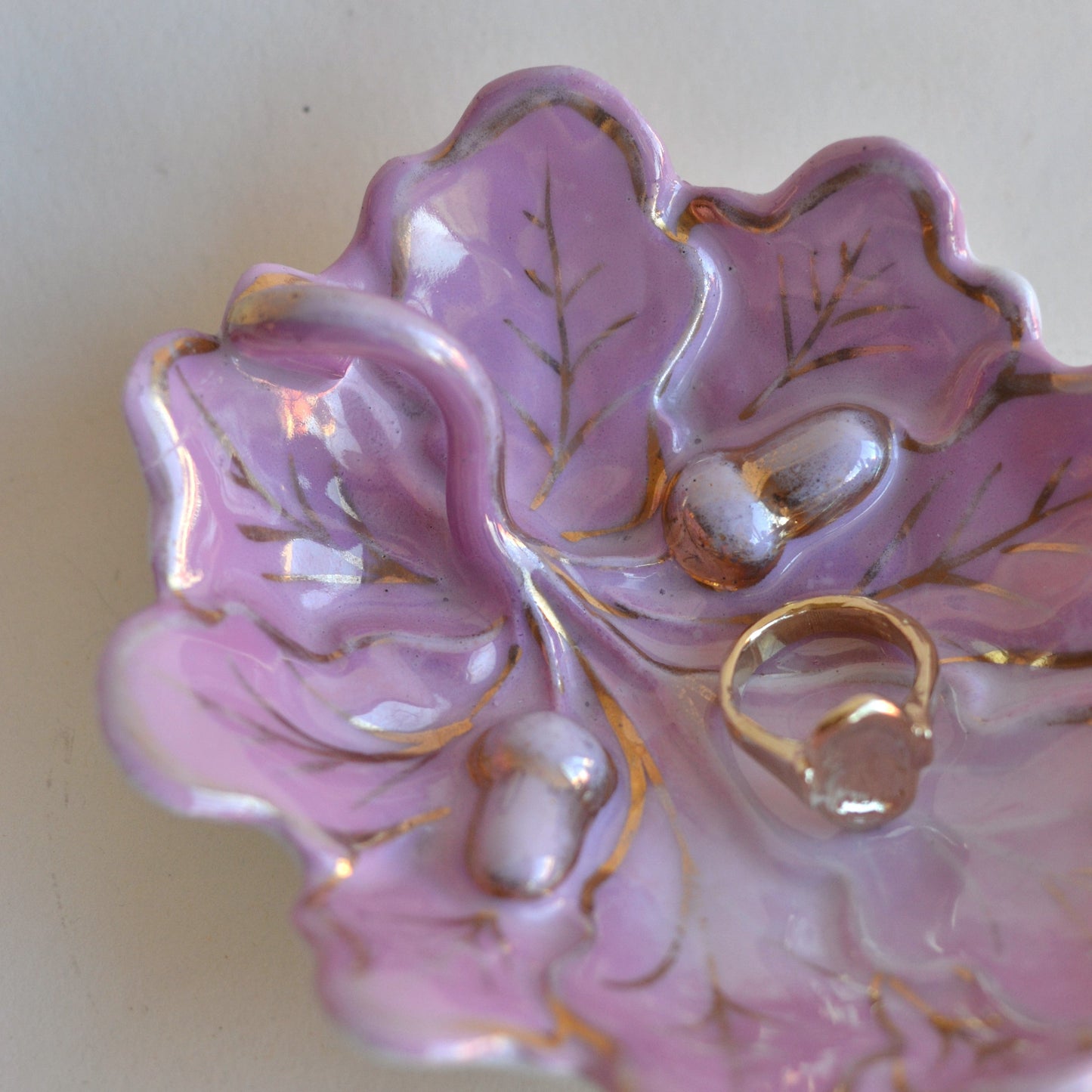 Ceramic Pink Leaf Dish with Gold Details