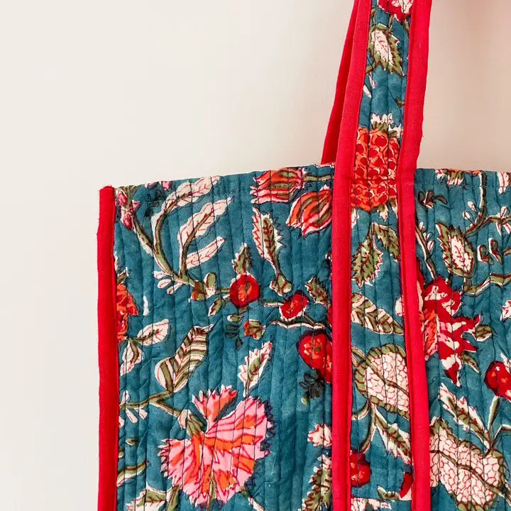 Gypsy Studio | Quilted Cotton Block Printed Tote Bag, Red and Blue