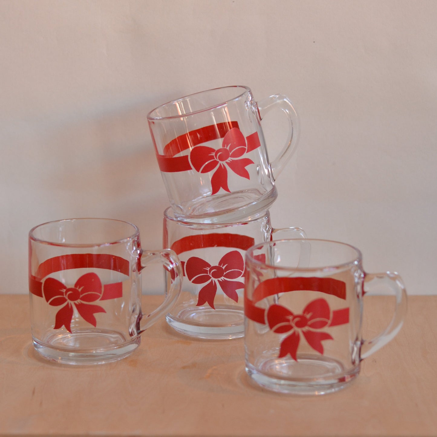 Red Ribbon Glass Mugs, Set of 4