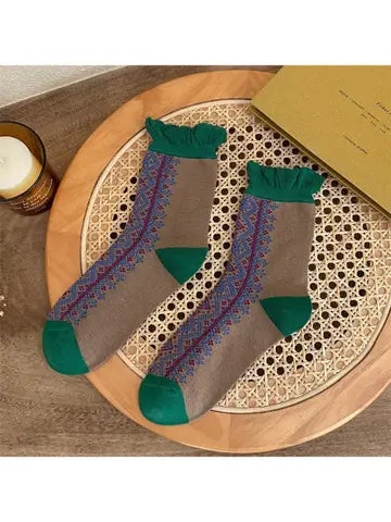 Dune Socks | Graphic Pattern Ruffled Crew Sock, Green