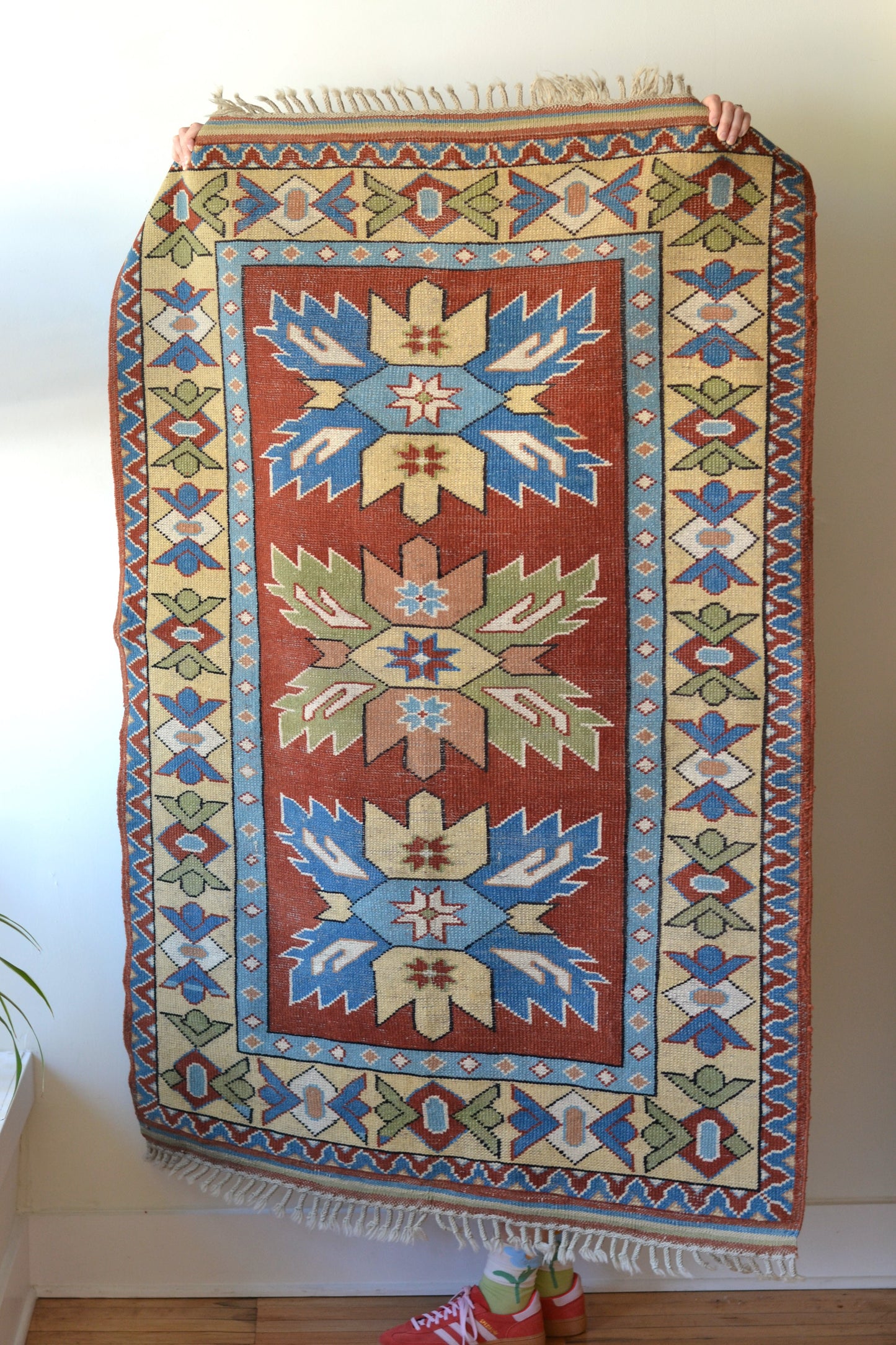 Turkish Rug Rust Red, Blue, Green and Cream, RUG068