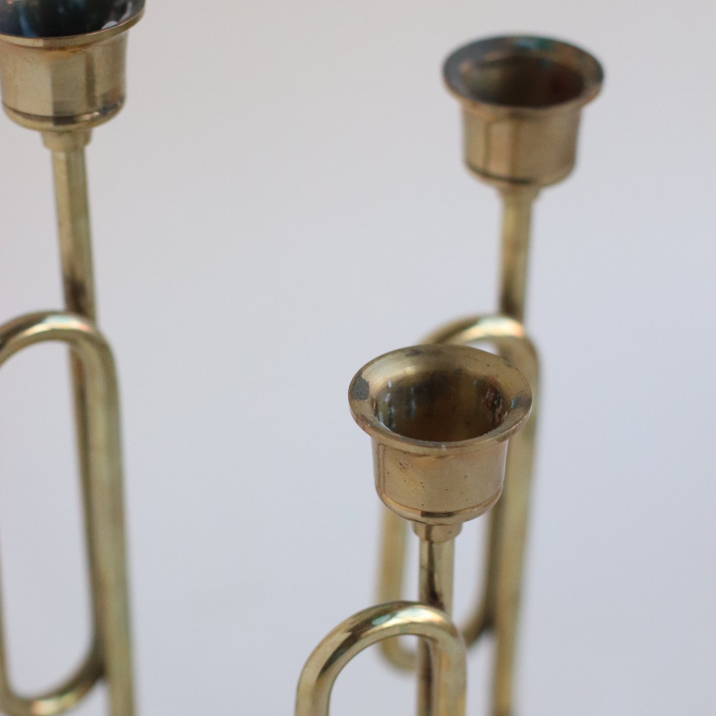 Trio of Brass Trumpets Candlesticks