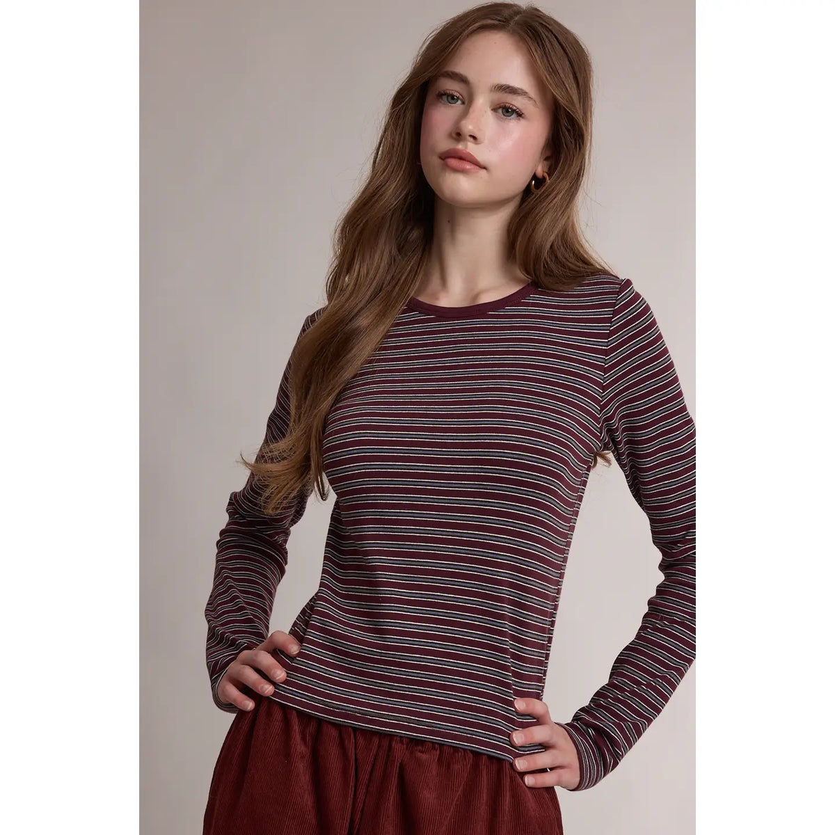 Striped Crew Neck Long Sleeved Top, Wine