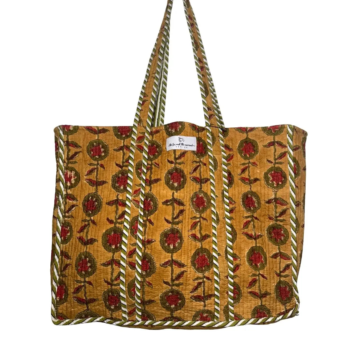 Gypsy Studio | Reversible Quilted Cotton Block Printed Tote Bag, Gold with Green Stripe