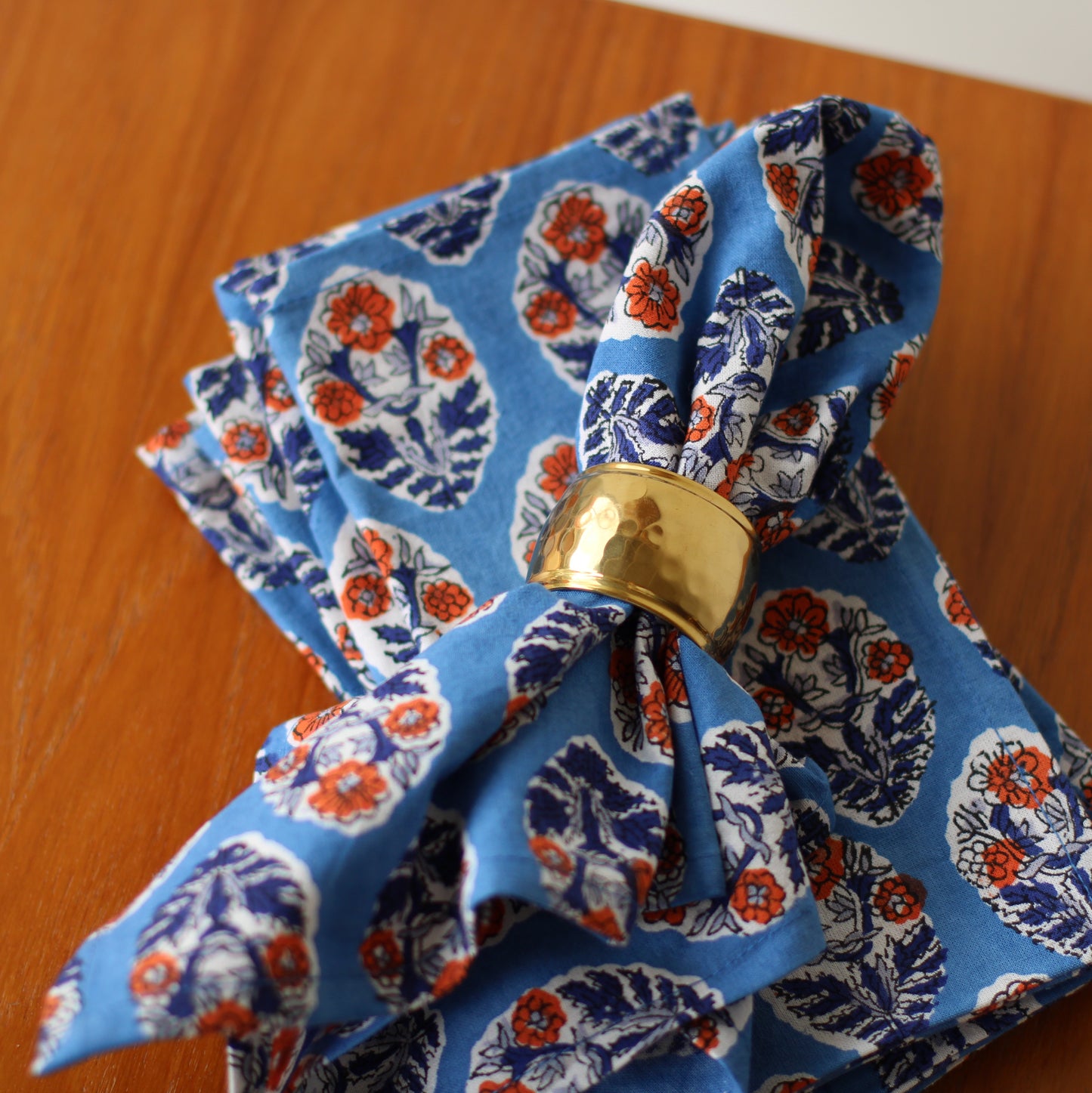 Danica Heirloom | Block Print Napkin, Deep Blue & Orange Floral