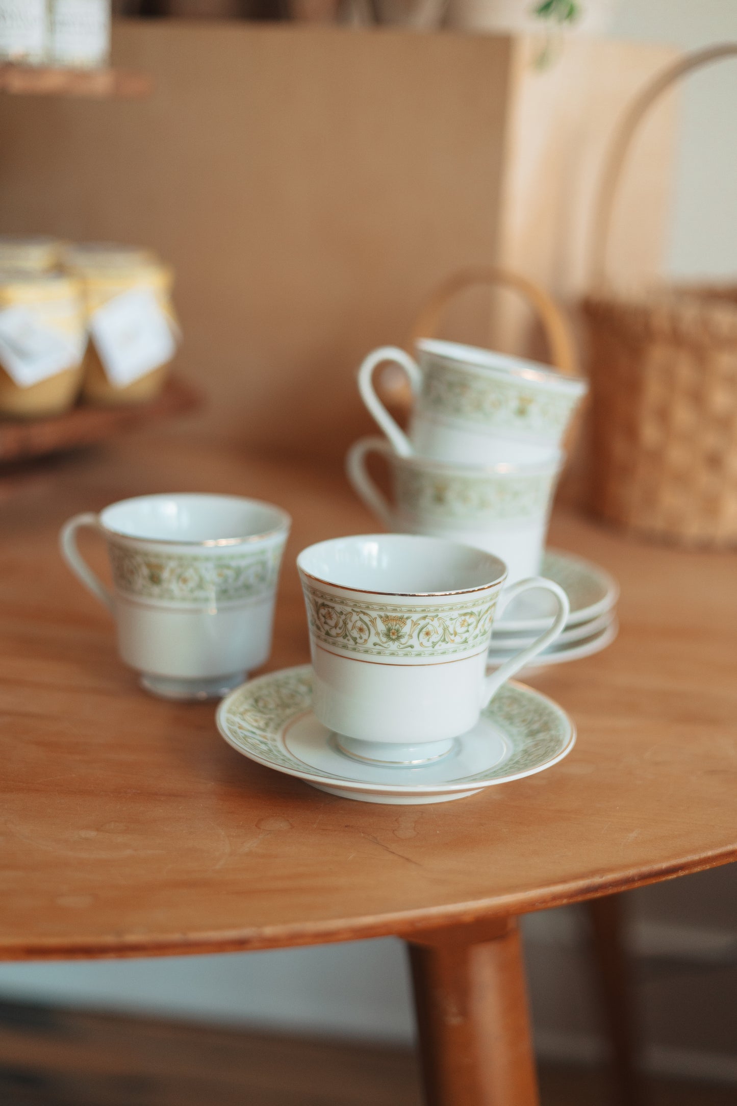 Teacup and Saucer with Green Pattern and Gold Detail, Japan