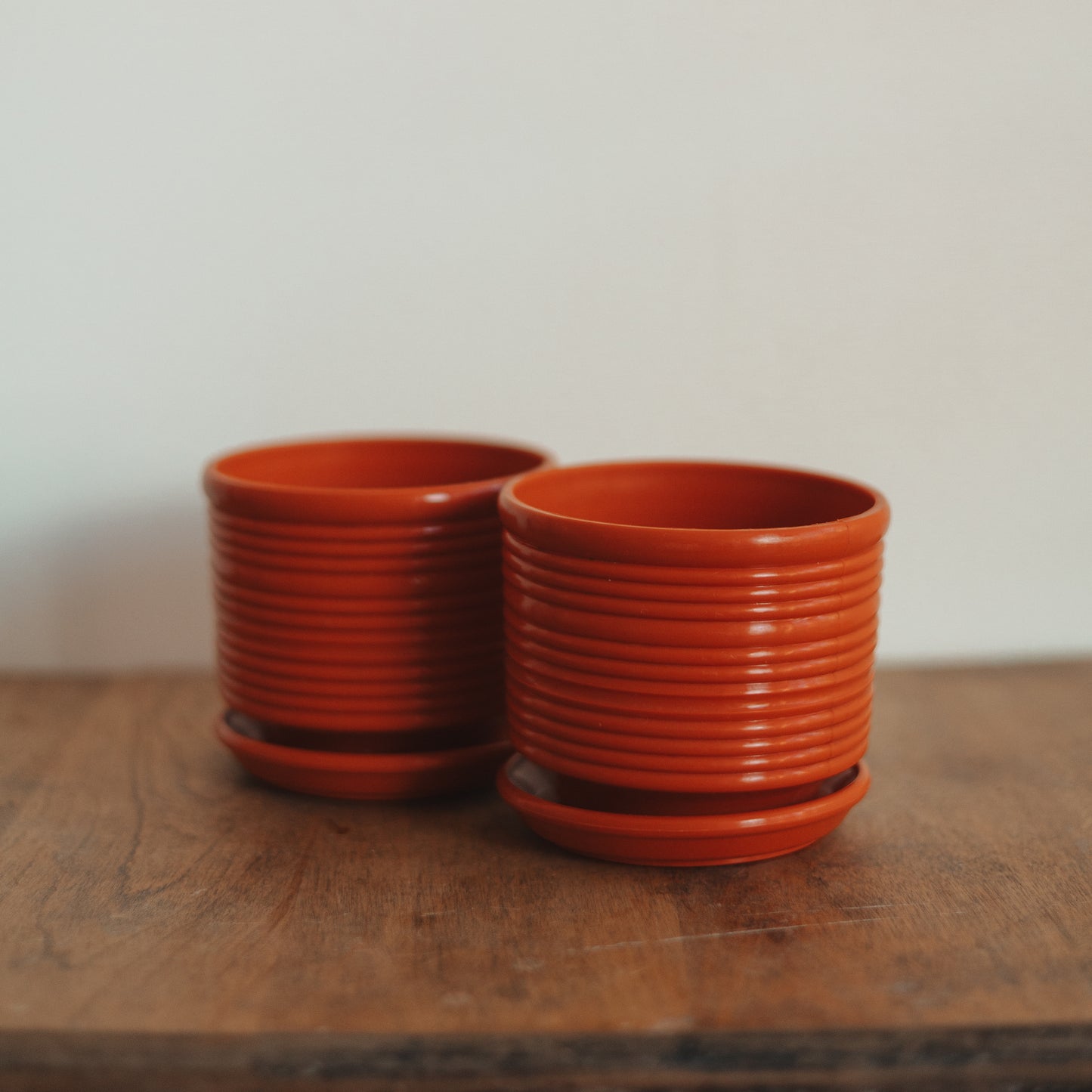 Orange Ribbed Plant Pot with Matching Saucer