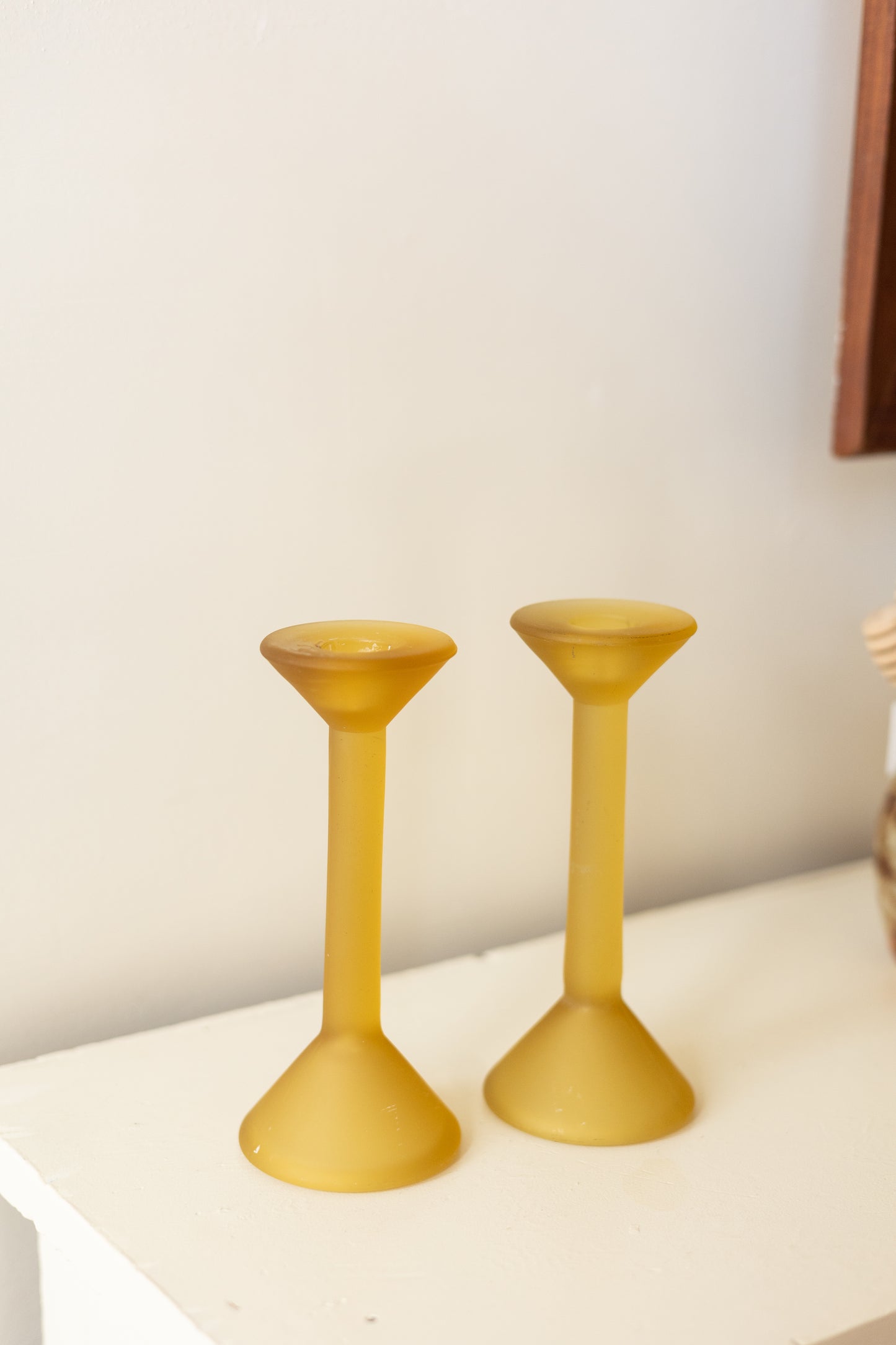 Frosted Yellow Glass Candlesticks, Pair