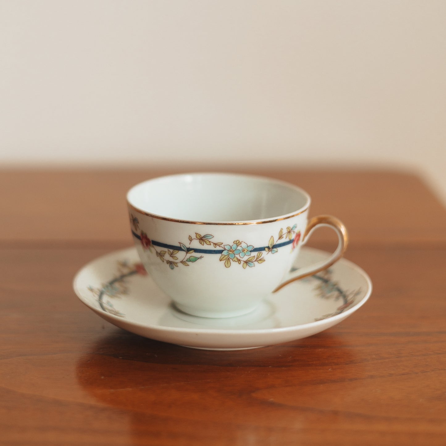 Vintage Teacup and Saucer with Flower Vine and Navy Stripe