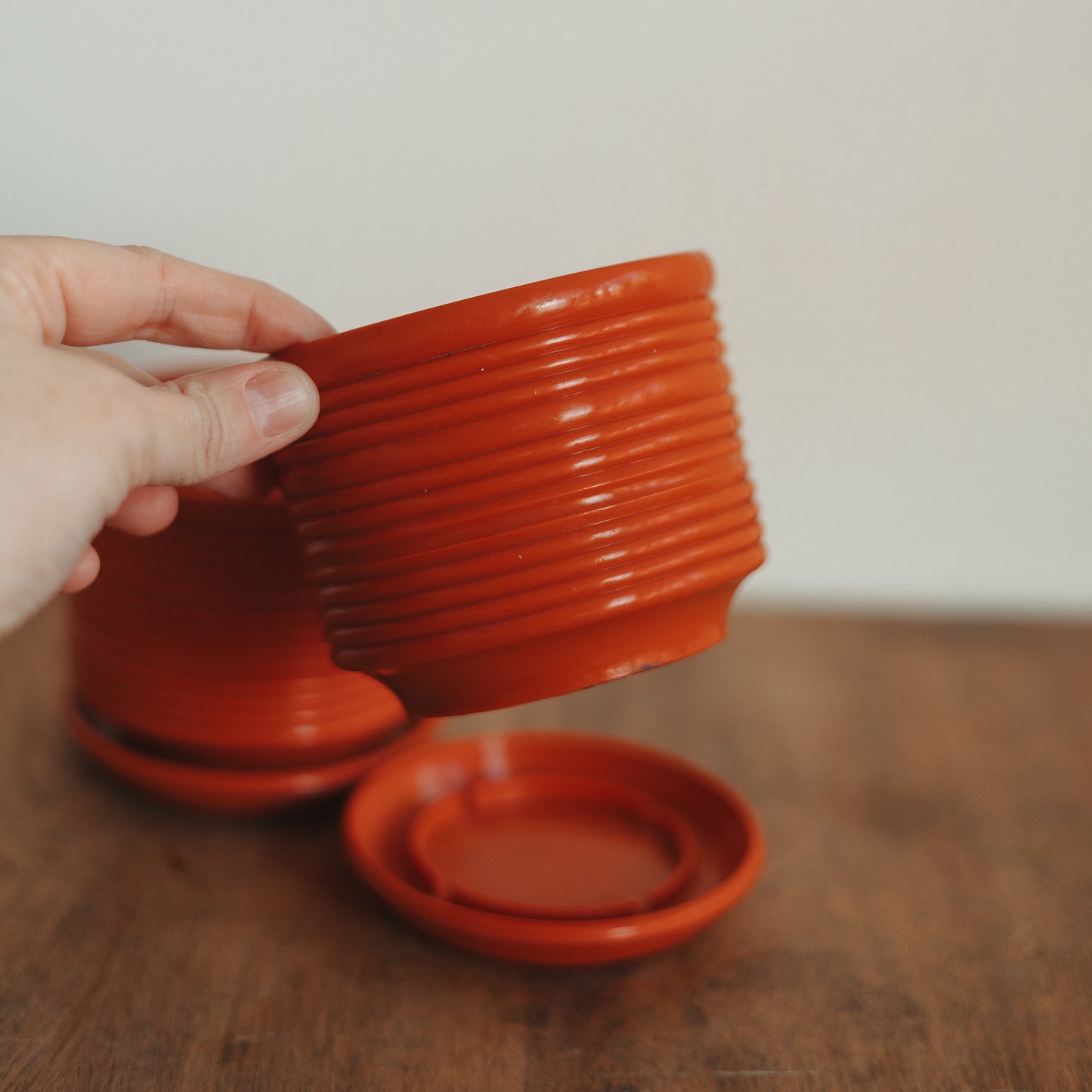 Orange Ribbed Plant Pot with Matching Saucer