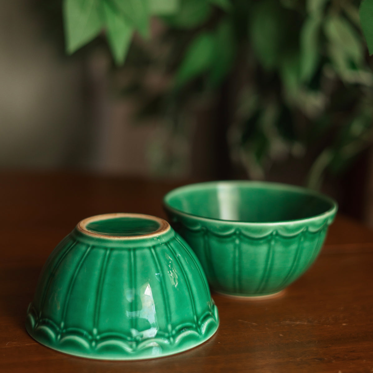 Green Glazed Scalloped Edge Bowls, Pair