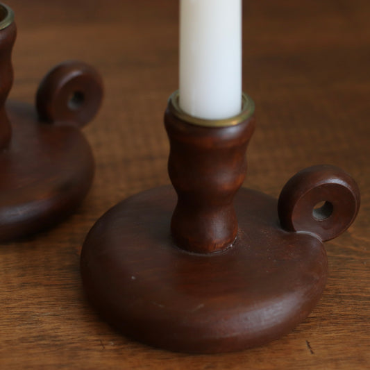 Turned Wood Chamberstick Candleholder, Pair