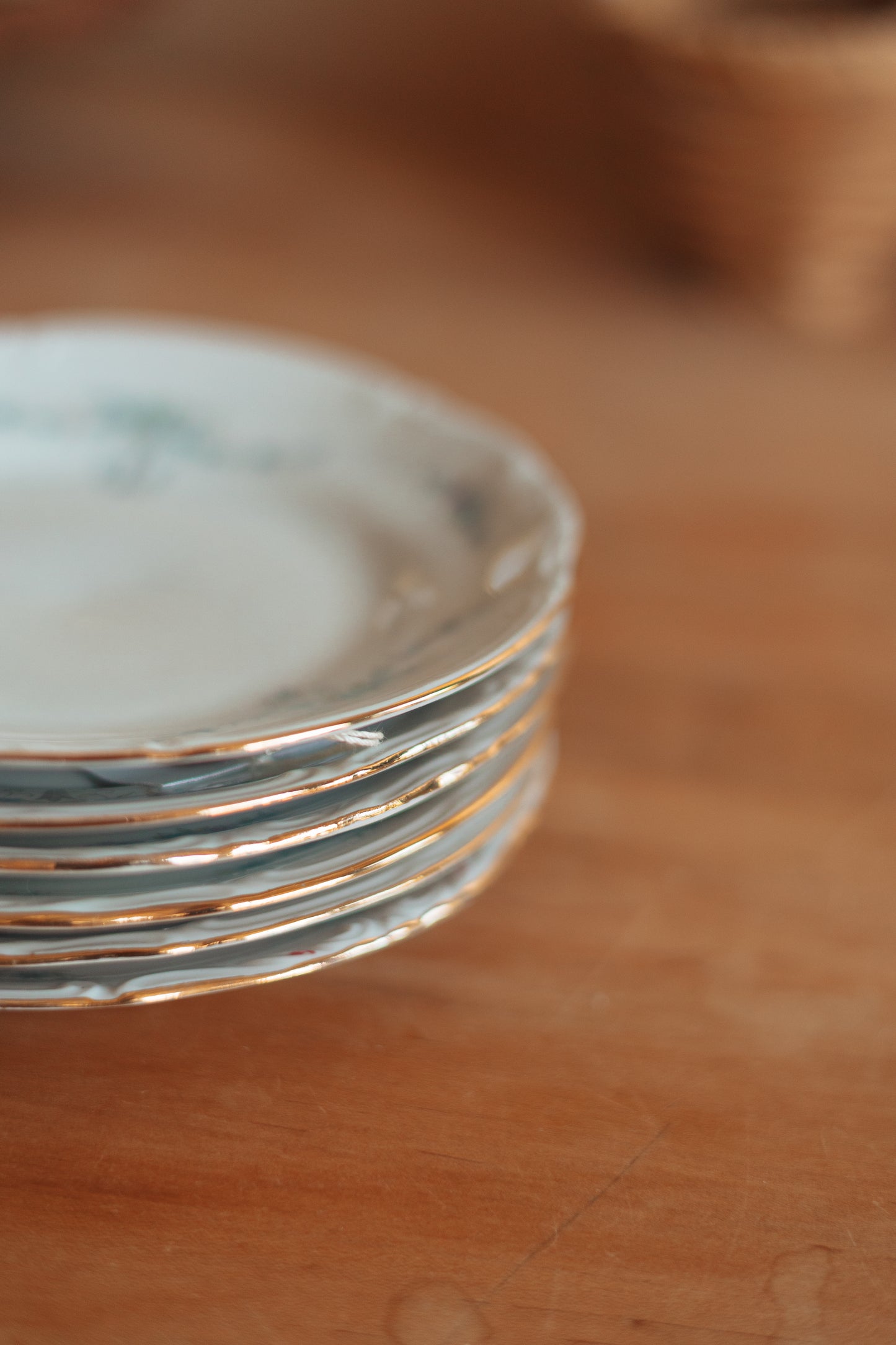 White China Dessert Plates with Blue Floral Ribbon Pattern & Gold Edge, Polish, Set of 6
