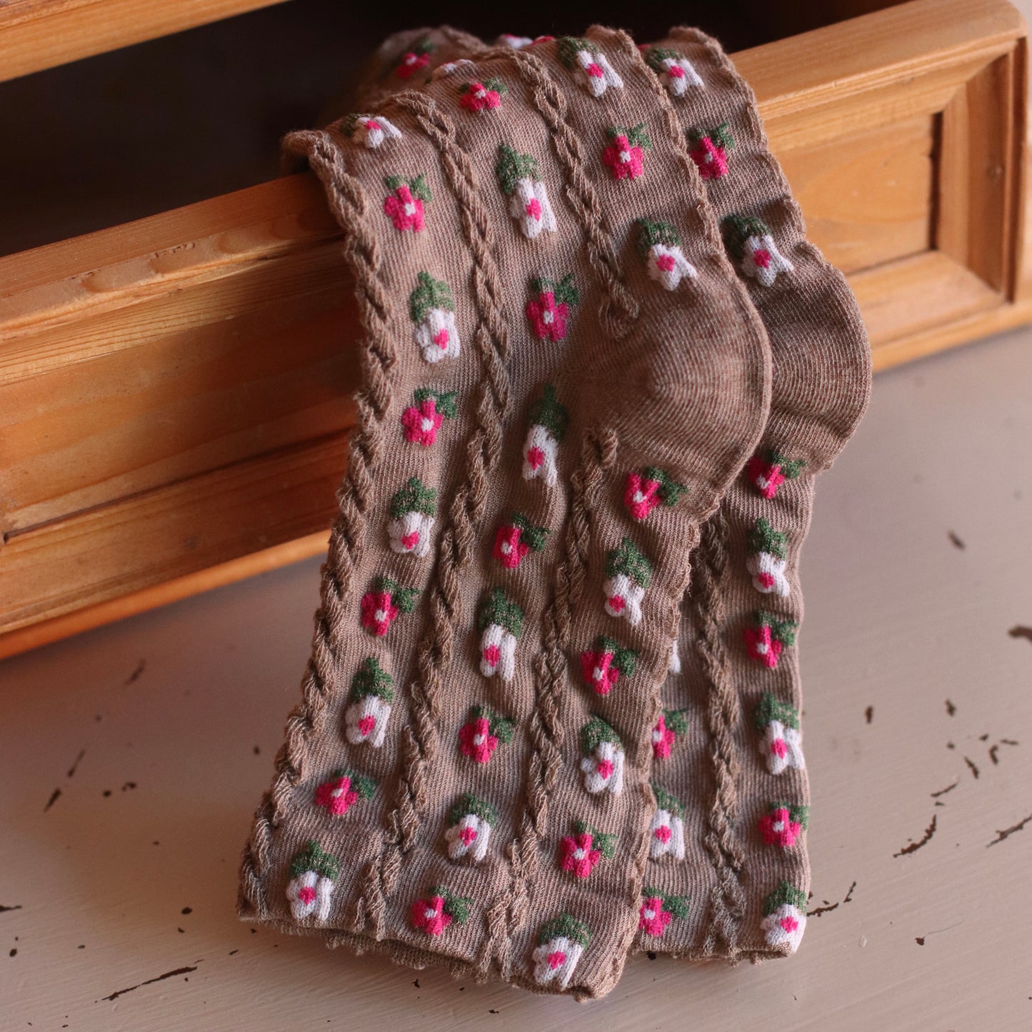 Dune Socks | Vintage Floral Cable Knit Socks, Pink