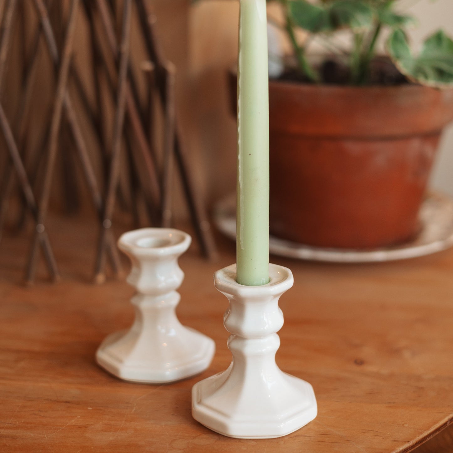 Heritage White Stoneware Candlestick Holder, Pair