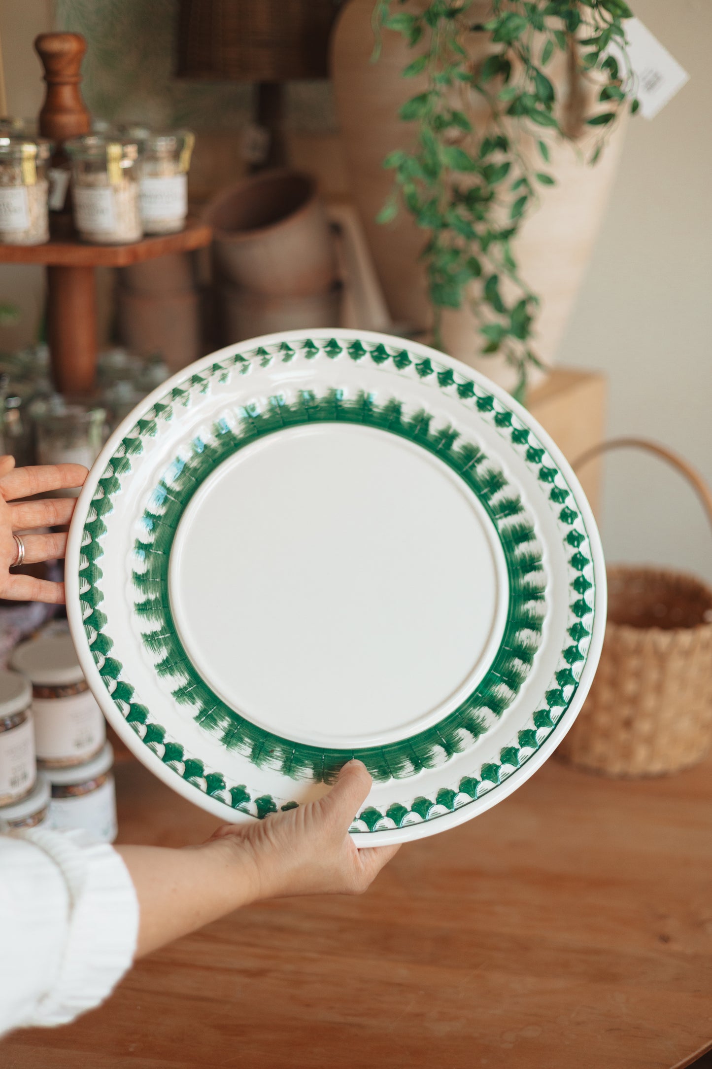 Large Serving Platter with Hand Painted Green Edge Details
