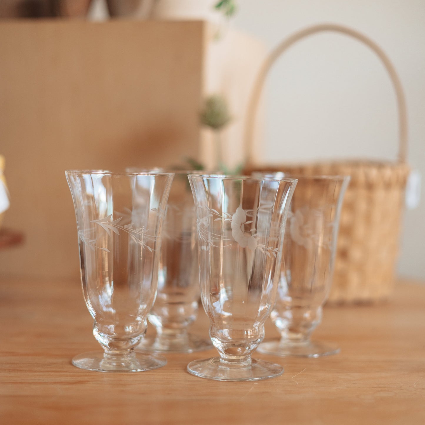 Etched Juice Glasses with Double Ringed Stem Base, Set of 4