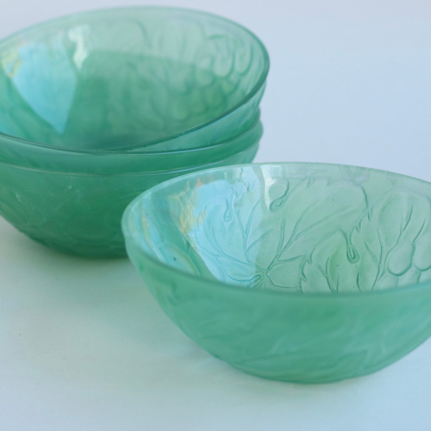 Frosted Green Glass bowls with grape motif, Set of 4