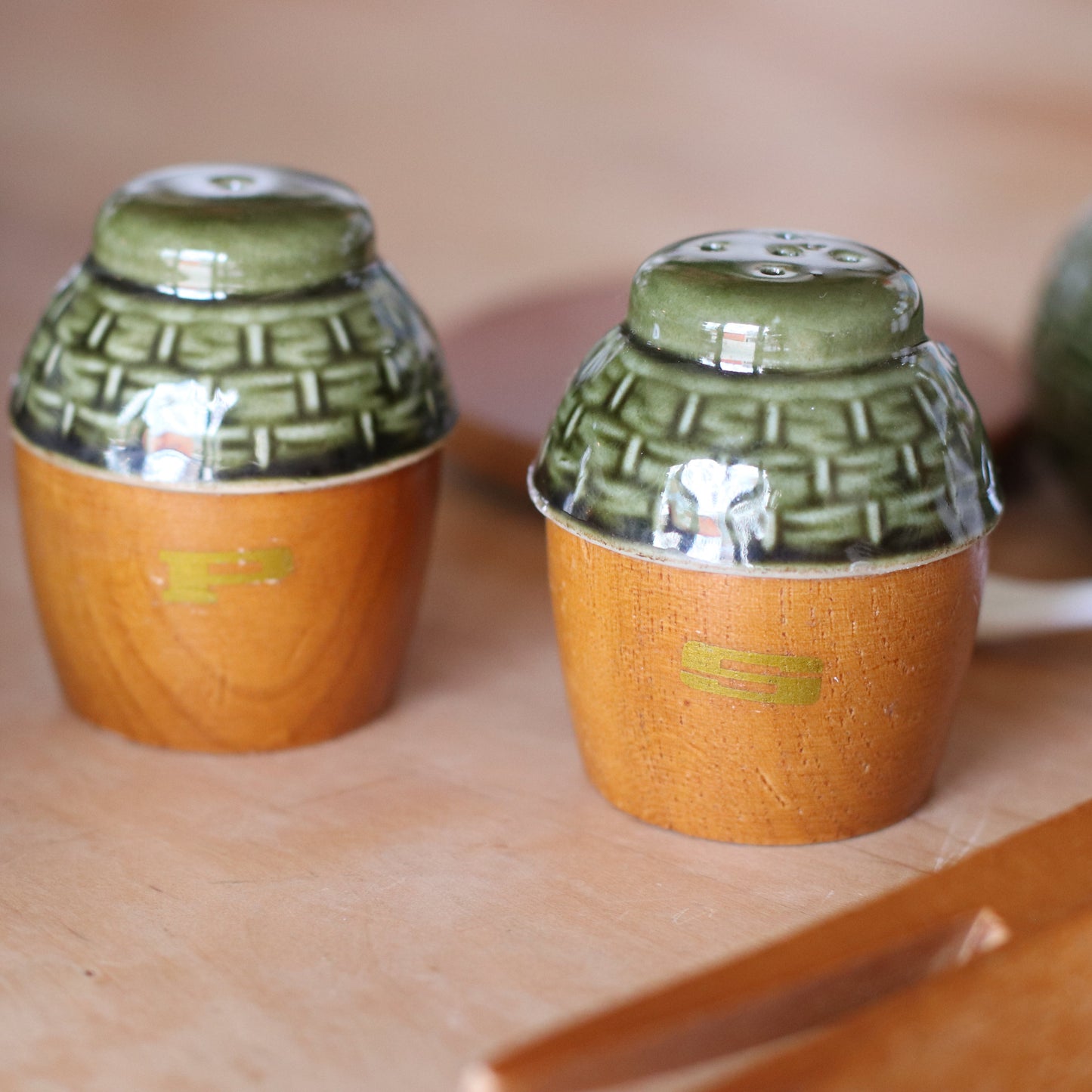 Vintage Japanese Green Porcelain and Wood Serving Set, 5 pieces