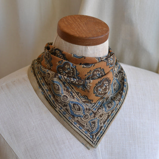 White Lotus Fashions |  Kalamkari Cotton Bandana-Gold Paisley Pattern with Blue and Brown Patterned Edge