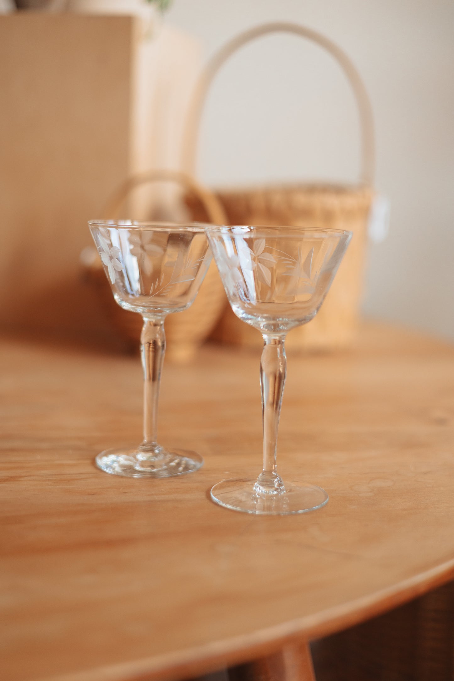 Stemmed Sipper Glass with Etched Floral Detailing, Pair