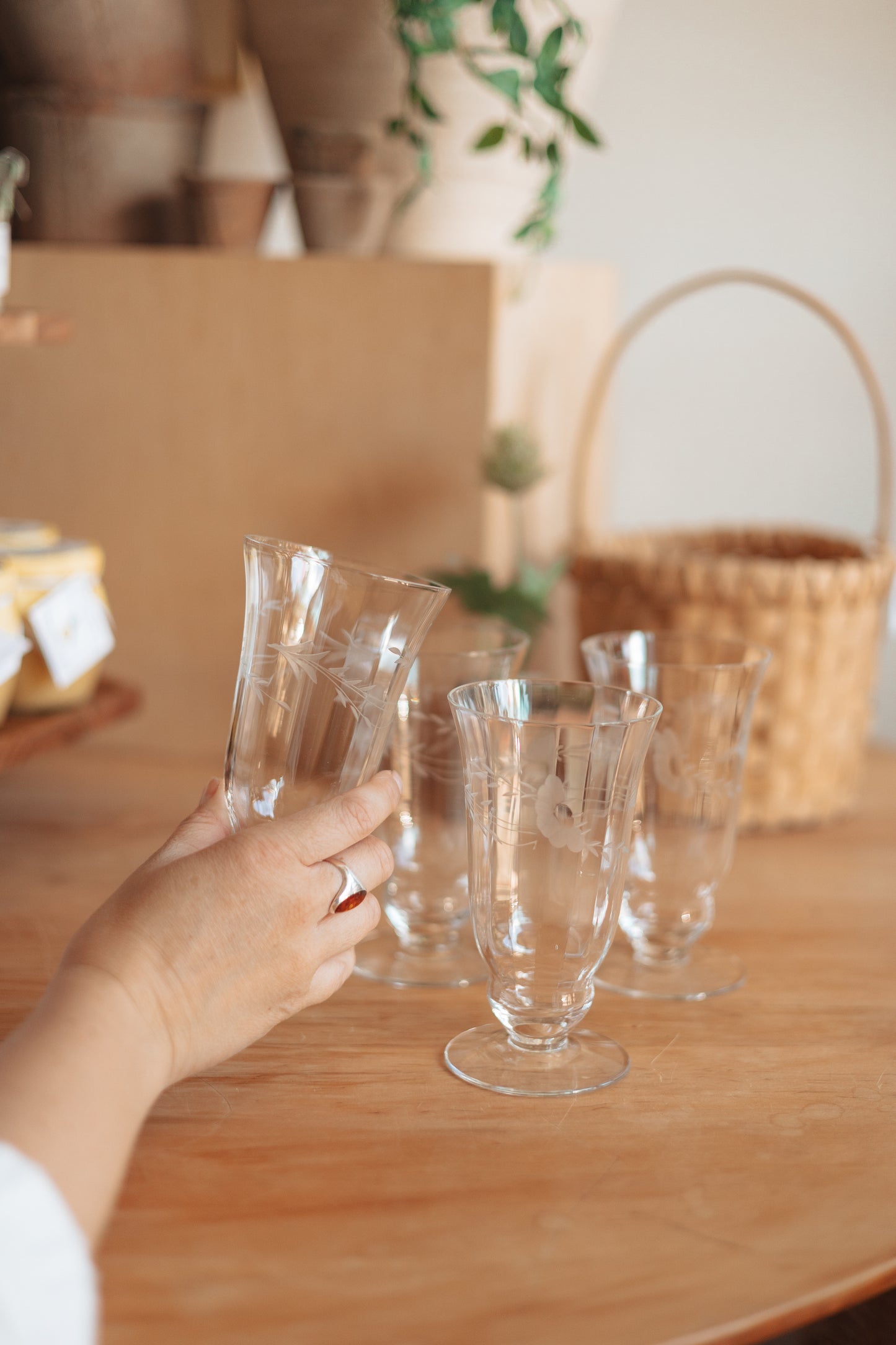 Etched Juice Glasses with Double Ringed Stem Base, Set of 4