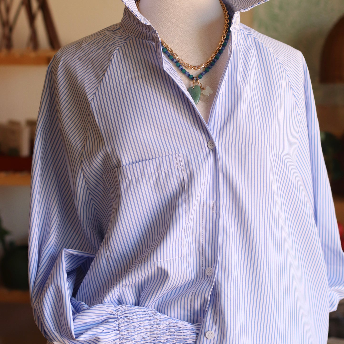 Smocked Cuff Striped Boyfriend Shirt, Chambray