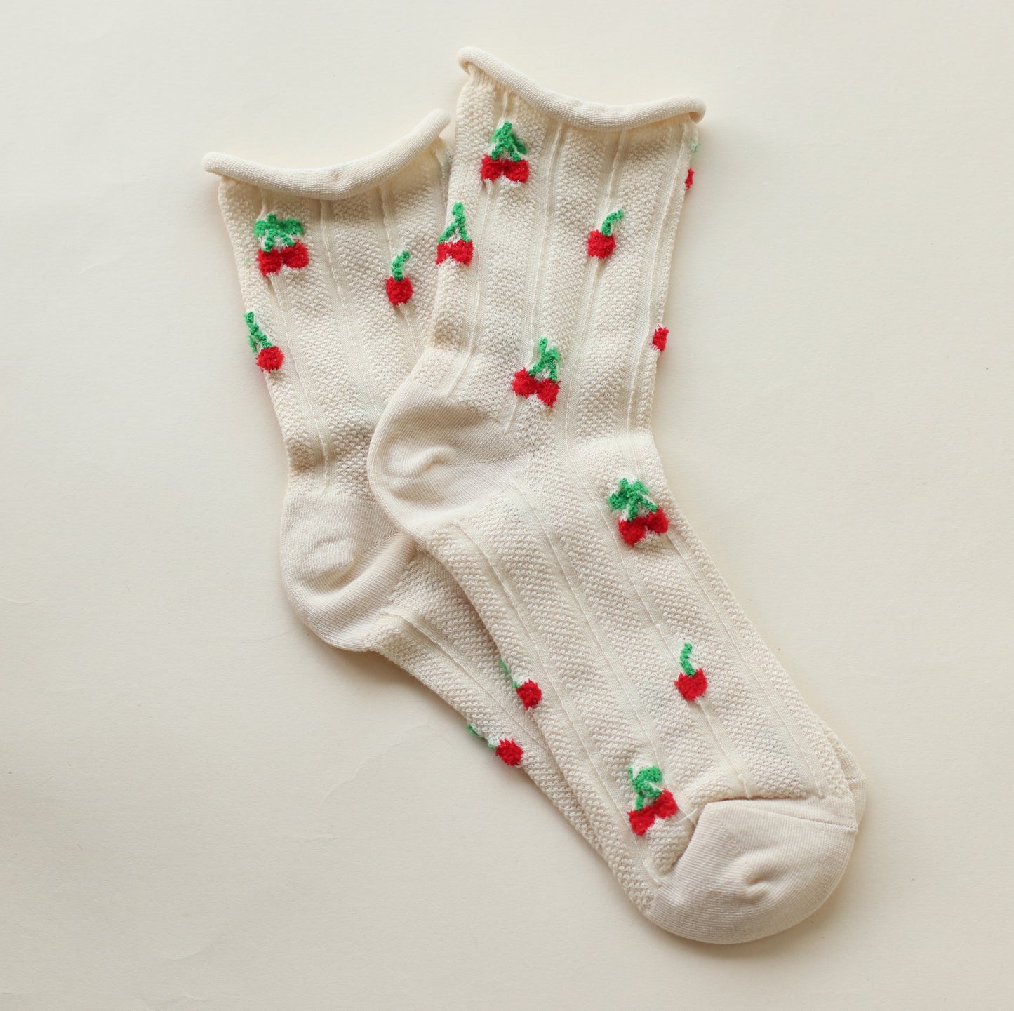 Tiepology | Rolled Edge Cherry Socks in Cream