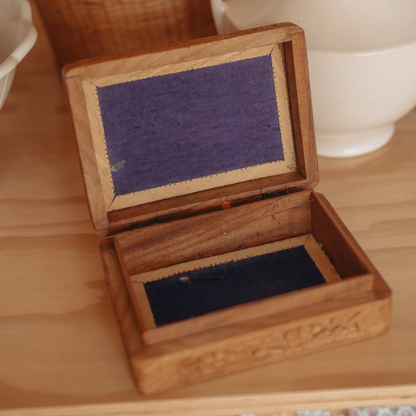Hand Carved Wooden Box with Floral Inlay