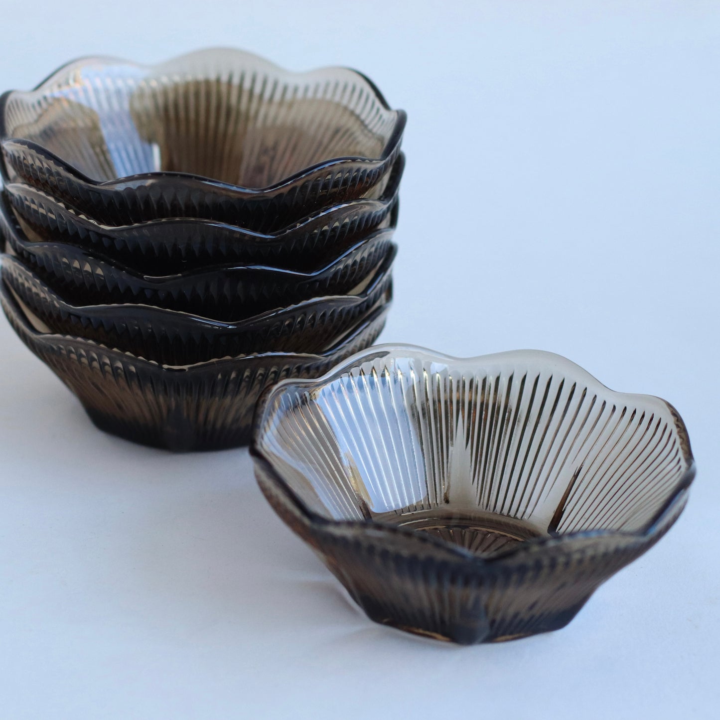 Scalloped Brown Smoke Glass Snack Bowls , Set of 6