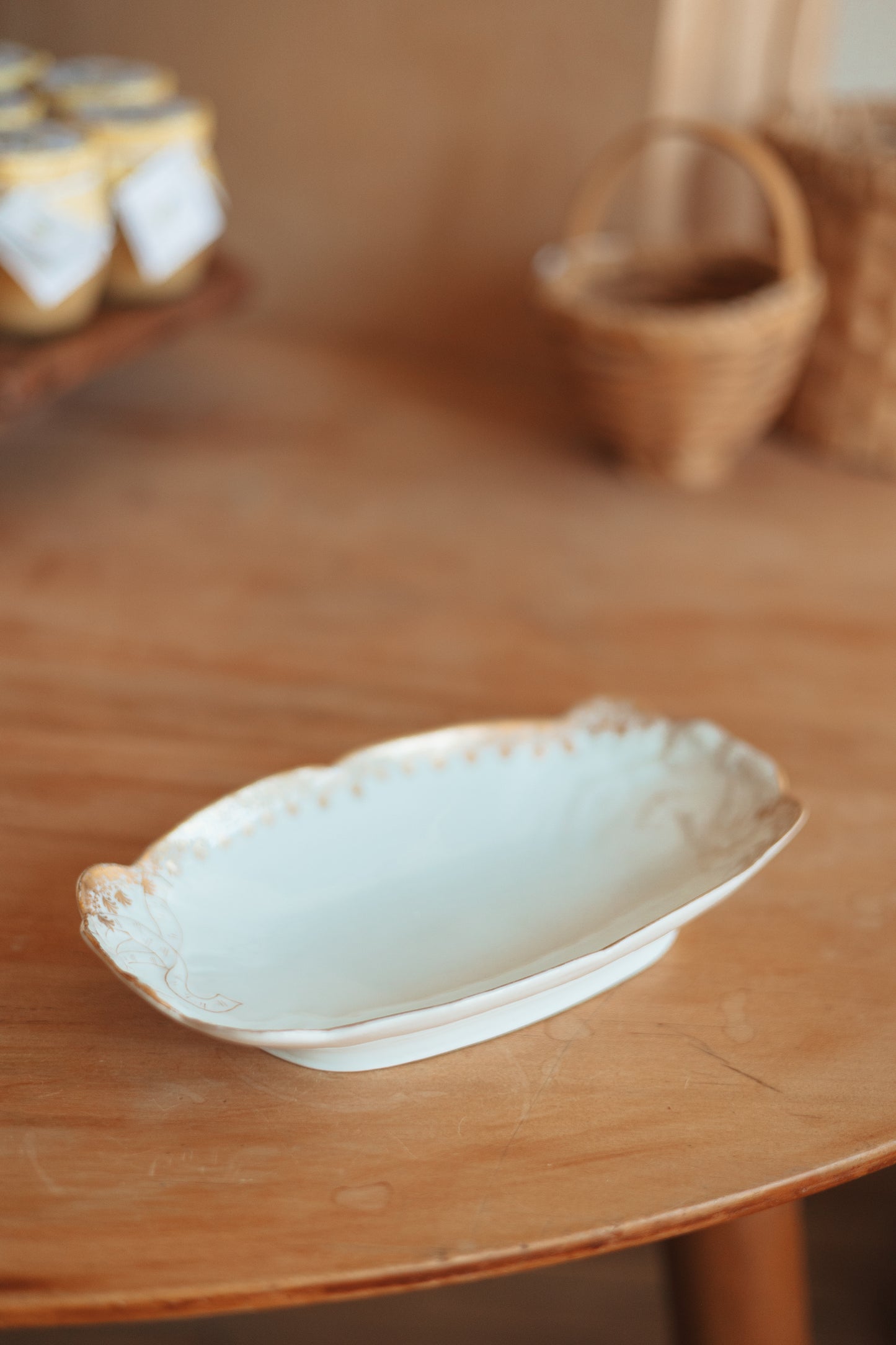 Oval Trinket Dish with Gold Ribbon Details, France