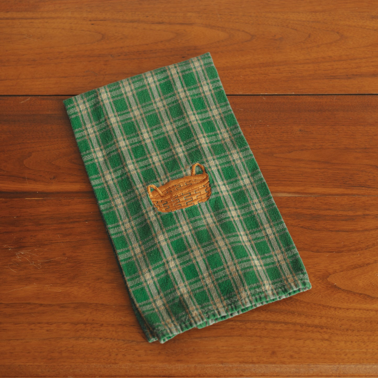 Green Plaid Hand Towel with Basket Embroidery