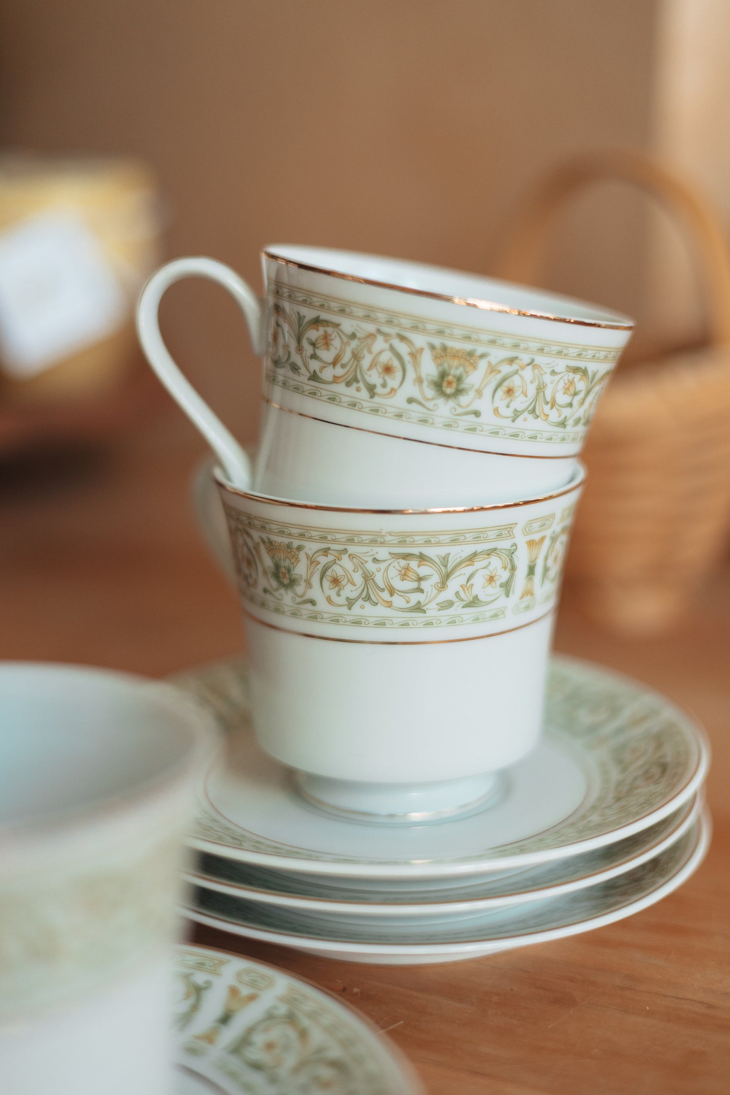 Teacup and Saucer with Green Pattern and Gold Detail, Japan