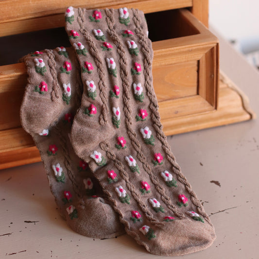 Dune Socks | Vintage Floral Cable Knit Socks, Pink