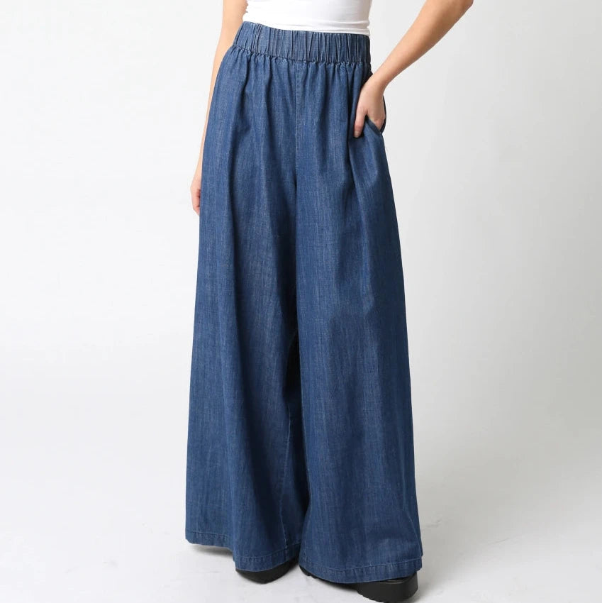 Wide Leg Cotton Denim Pants