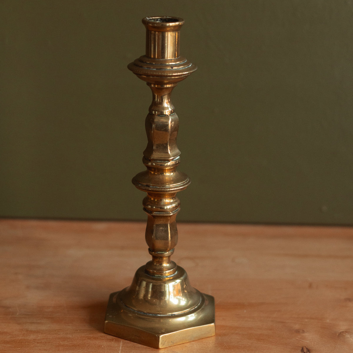 Antique Brass Candlestick Holder on Octagonal Base