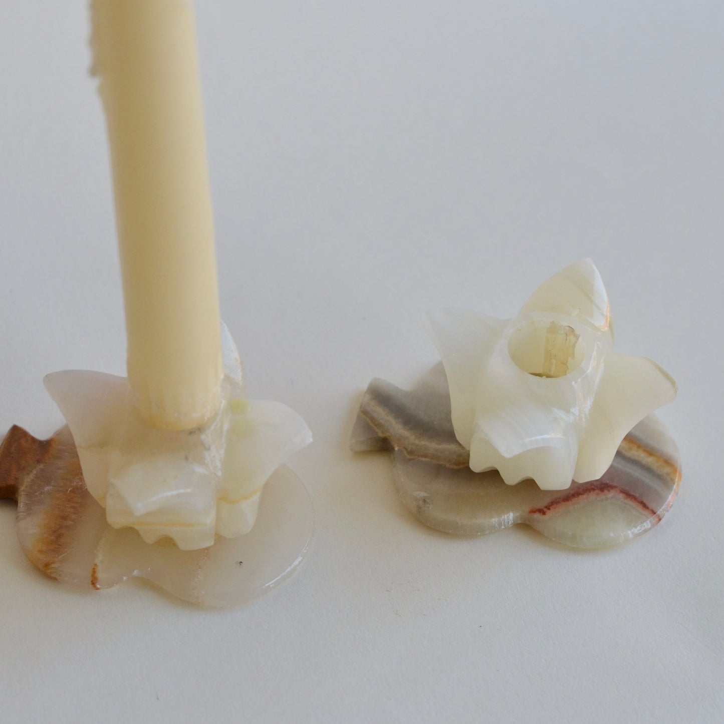 Pair of Banded Onyx Carved Tulip Candle Holders