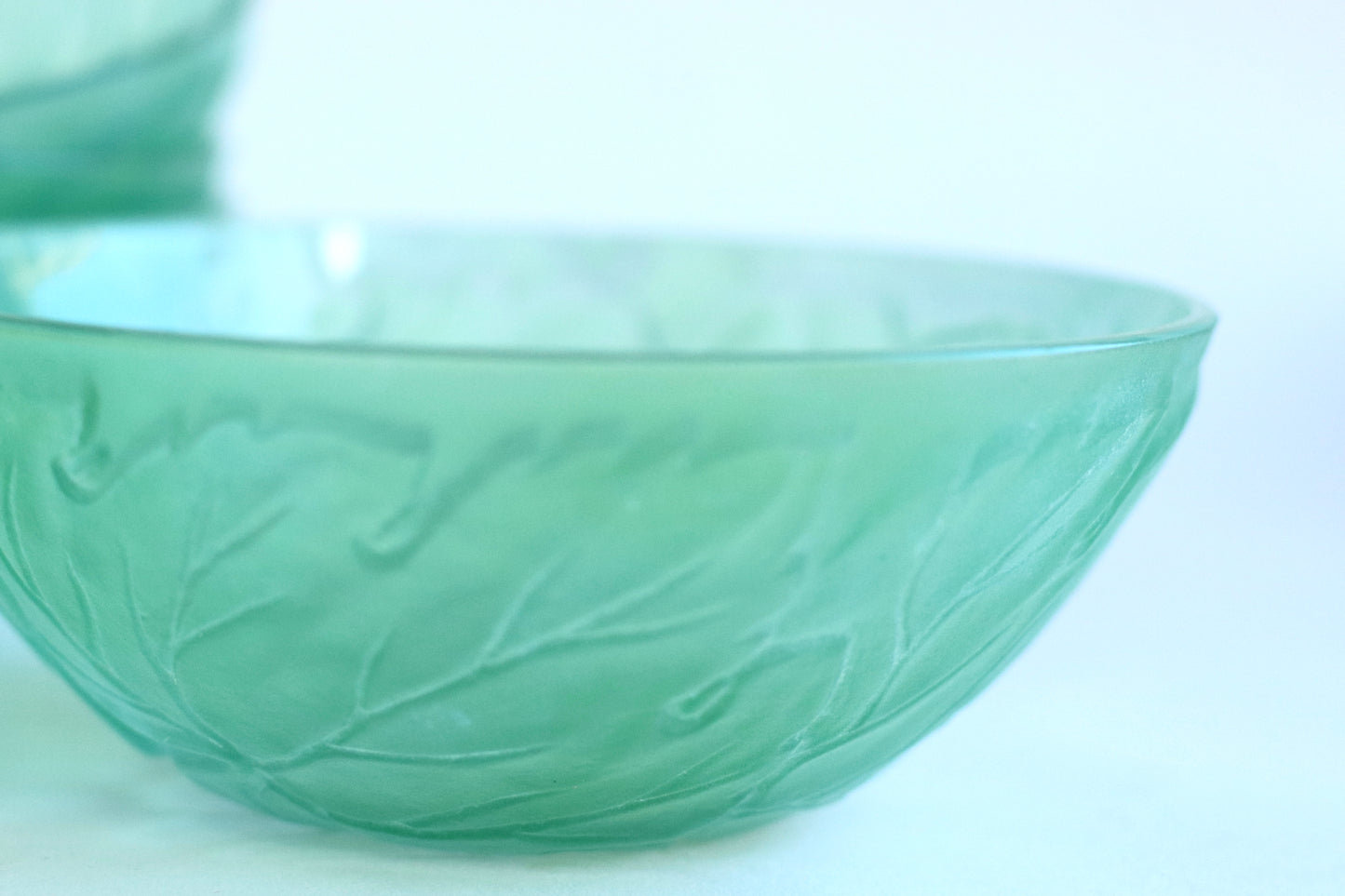 Frosted Green Glass bowls with grape motif, Set of 4
