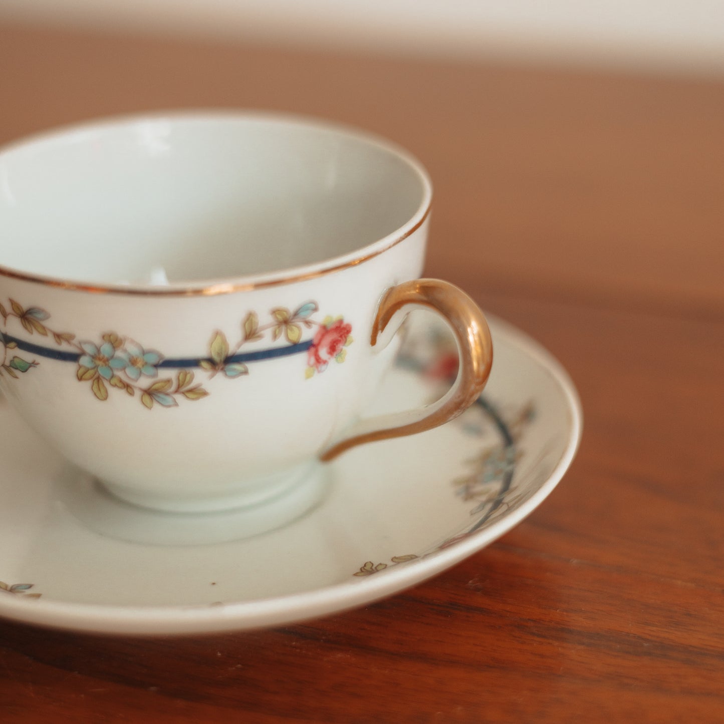 Vintage Teacup and Saucer with Flower Vine and Navy Stripe
