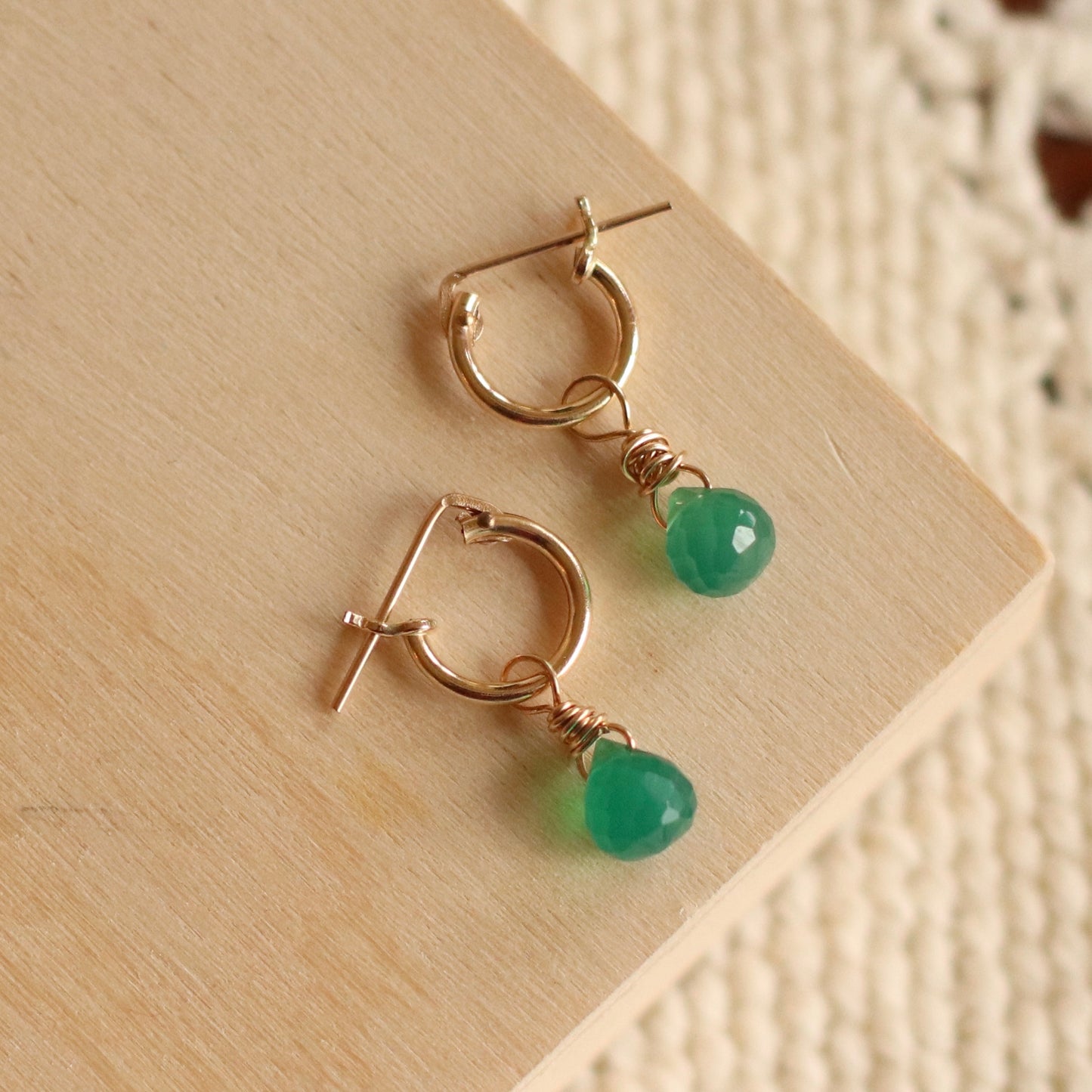 Cire’ Alexandria | Green Onyx Gemstone Drop Hoops, 14K Gold Filled