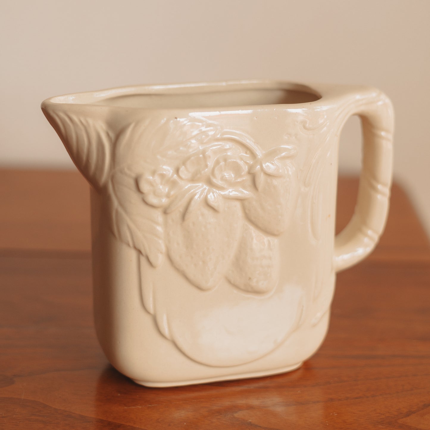 Cream Pottery Pitcher with Relief Strawberries
