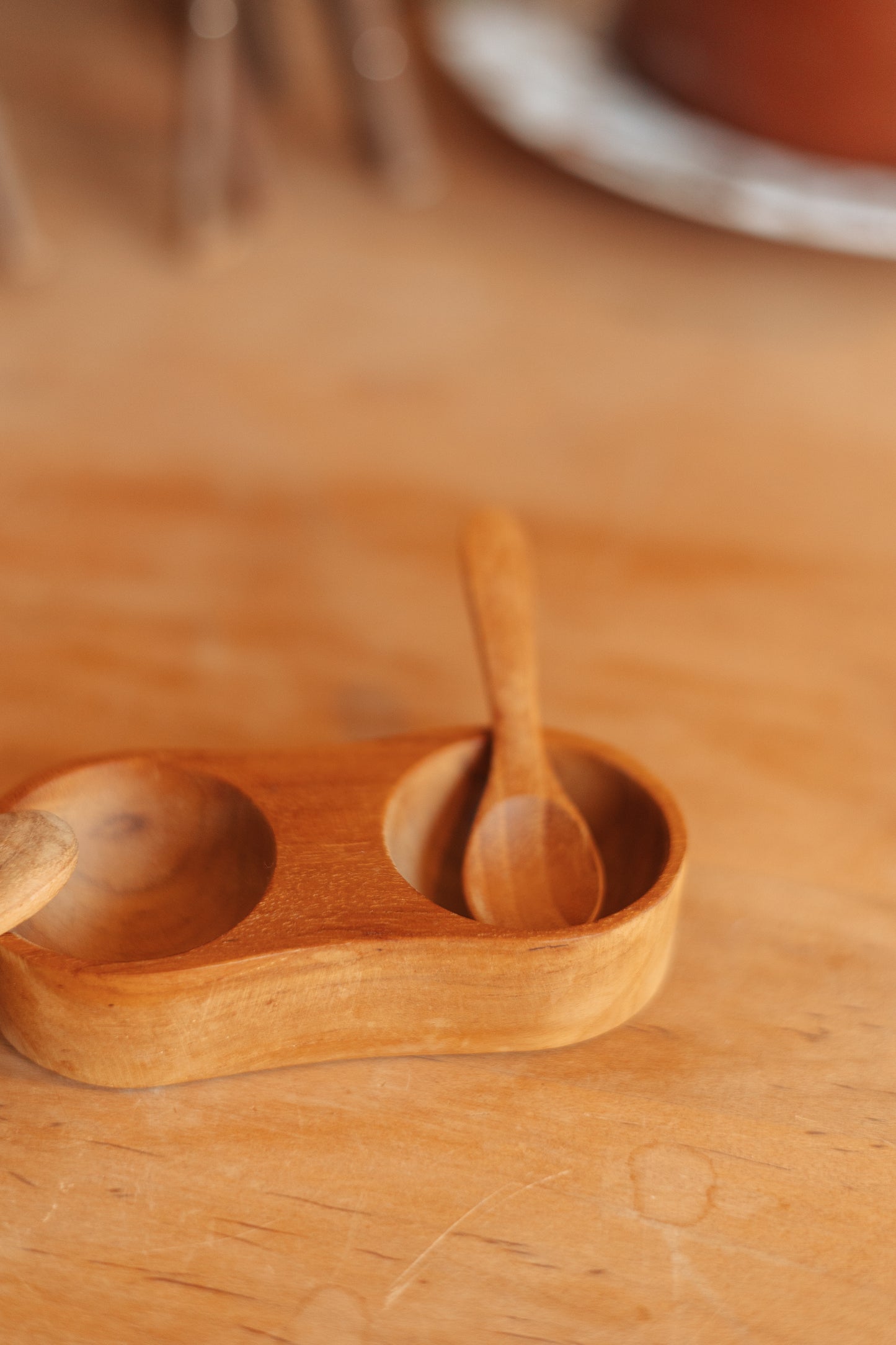 Small Wooden Salt and Pepper Cellar with Spoons