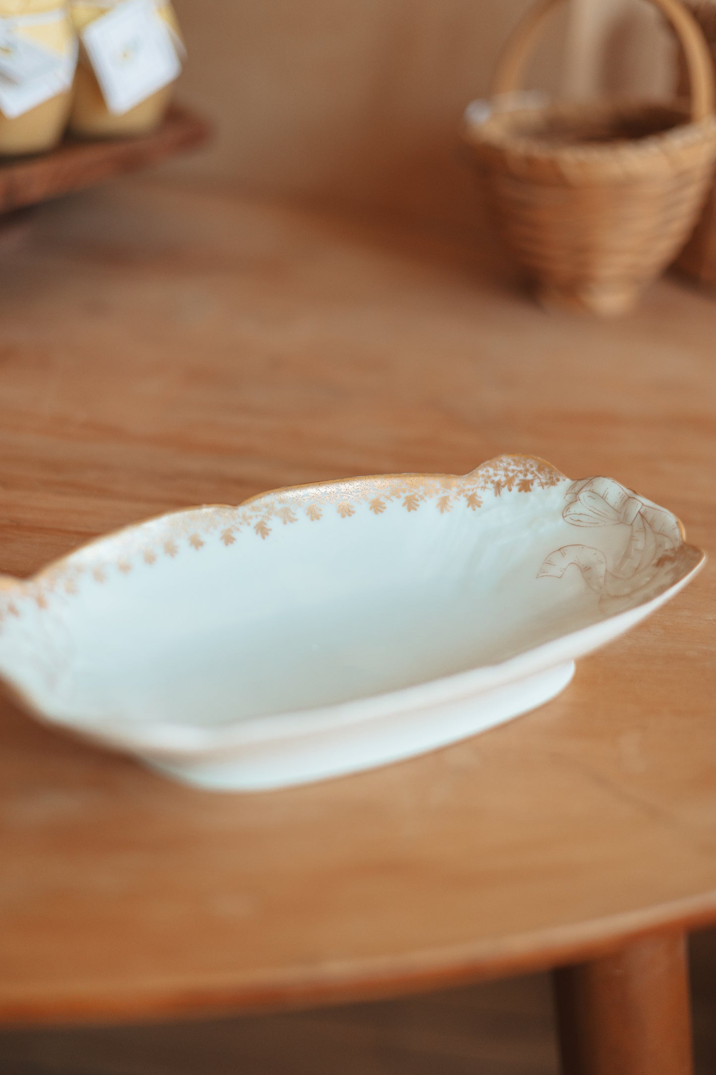 Oval Trinket Dish with Gold Ribbon Details, France